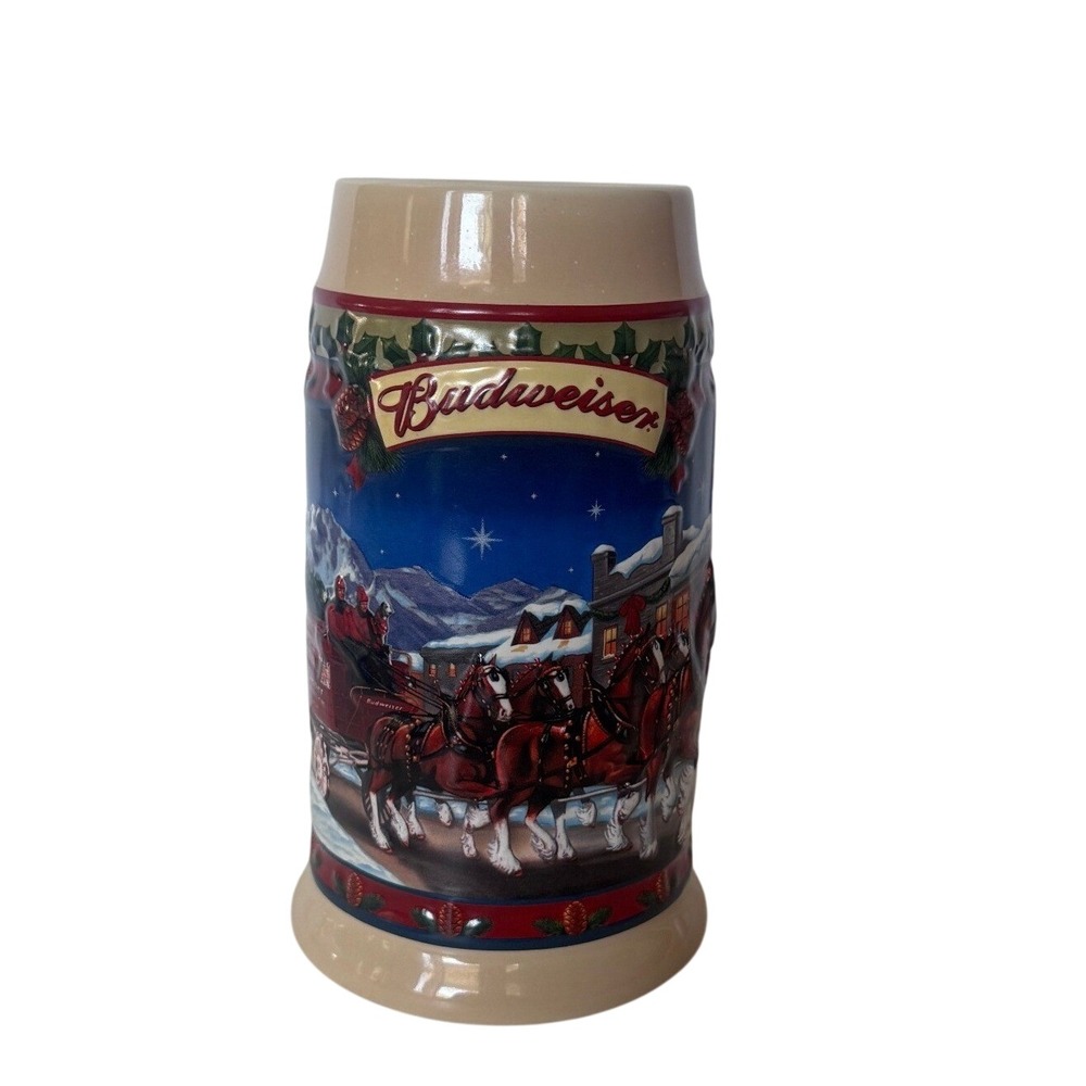 Budweiser 2003 Holiday Stein Old Towne‎ Holiday Clydesdales Beer Mug 7"